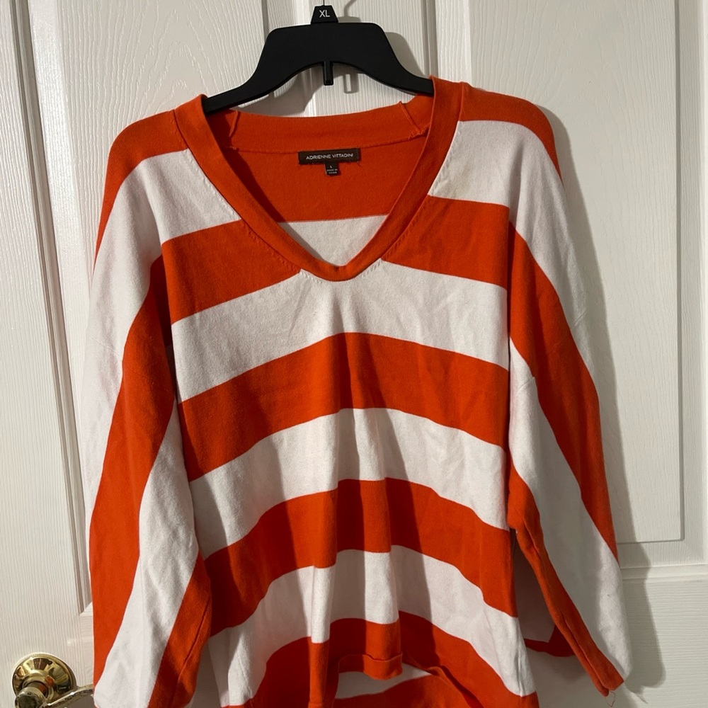 Adrienne Vittadini Orange and White Oversized V-Neck Sweater